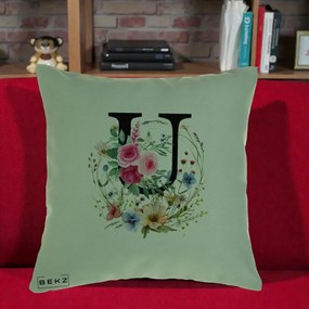 Cadou Personalizat - Perna Personalizata Monogram Litera U cu Flori Acuarela, 40x40 cm, Verde, Husa Detasabila, Perna Inclusa, BEKZ®
