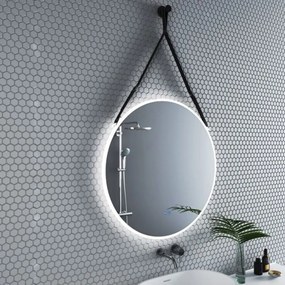 Oglinda cu iluminare si dezaburire Inter Ceramic forma rotunda 80 cm curea neagra