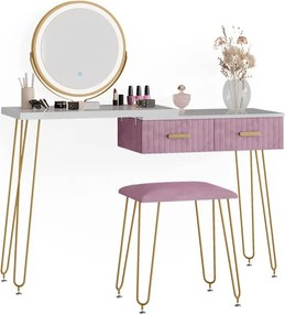 Masuta machiaj cu Oglinda LED si 2 Sertare pentru Cosmetice, Set Masa toaleta 120 cm, Alb, masuta cosmetica, vanity - SEA394