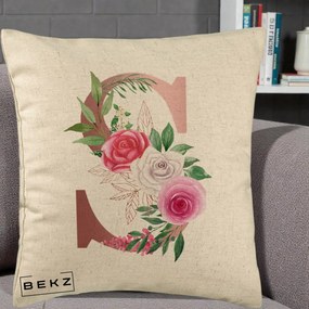 Cadou Personalizat - Perna Personalizata Monograma Rose Gold Litera S, 40x40 cm, Bej, Husa Detasabila, Perna Inclusa, BEKZ®