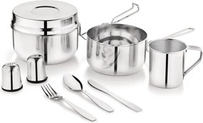 Set de tacamuri si vase pentru camping Kinghoff KH 2060, 9 piese, Otel inoxidabil, Argintiu