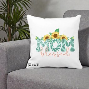 Cadou pentru Mama - Perna Personalizata Mom Blessed cu Floarea Soarelui Animal Print Teal, 40x40 cm, Alba Mata, Husa Detasabila, Perna Inclusa, BEKZ®