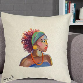 Perna Decorativa Portret Femeie Urbana Acuarela, 40x40 cm, Ecru, Husa Detasabila, Perna Inclusa, BEKZ®