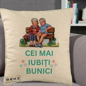 Cadou pentru Bunici - Perna Personalizata Cei Mai Iubiti Bunici Cuplu pe Banca Ilustratie, 40x40 cm, Bej, Husa Detasabila, Perna Inclusa, BEKZ®
