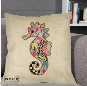 Perna Decorativa Calut de Mare Glitter Tropical, 40x40 cm, Crem, Husa Detasabila, Perna Inclusa, BEKZ®