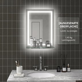 Kleankin Oglindă de Baie cu Lumini LED în 3 Culori Reglabile și Raft din Sticlă, 50x12x70 cm, Argintiu | Aosom Romania