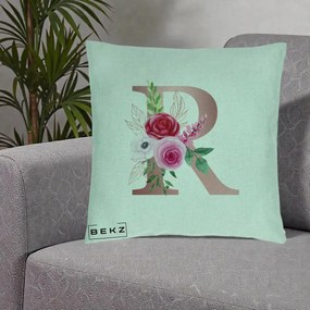 Cadou Personalizat - Perna Personalizata Monograma Rose Gold Litera R, 40x40 cm, Verde Menta, Husa Detasabila, Perna Inclusa, BEKZ®