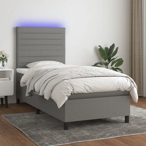 vidaXL Pat cu arcuri, saltea și LED, gri închis, 90x190 cm, textil