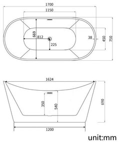 Cada freestanding Juno 170x75 cm alb-negru