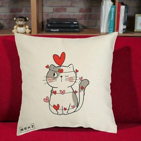 Perna Decorativa Pisica Kawaii cu Inimi, 40x40 cm, Ecru, Husa Detasabila, Perna Inclusa, BEKZ®
