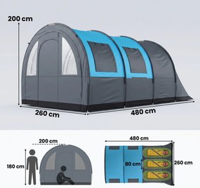 Outsunny Cort de Camping Impermeabil, Cort cu 5 Locuri, Zonă Separată de Dormit și Living, 480x260x200 cm, Gri și Albastru | Aosom Romania