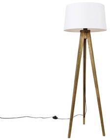 Lampă de podea vintage rustică cu trepied din lemn cu abajur din pânză albă 45 cm - Tripod Classic