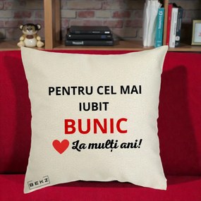 Cadou pentru Bunic - Perna Personalizata Pentru Cel Mai Iubit Bunic La Multi Ani Rosu, 40x40 cm, Ecru, Husa Detasabila, Perna Inclusa, BEKZ®