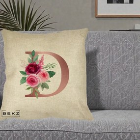 Cadou Personalizat - Perna Personalizata Monograma Rose Gold Litera D, 40x40 cm, Crem, Husa Detasabila, Perna Inclusa, BEKZ®