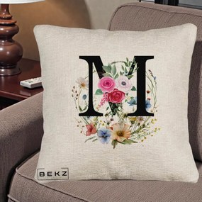 Cadou Personalizat - Perna Personalizata Monogram Litera M cu Flori Acuarela, 40x40 cm, Bej Canapea, Husa Detasabila, Perna Inclusa, BEKZ®