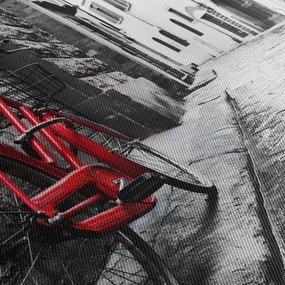 Tablou - Bicicleta roșie pe o stradă pavată (cu ceas) (90x30 cm)