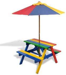 vidaXL Masă de picnic pentru copii cu bănci și umbrelă, lemn multicolor
