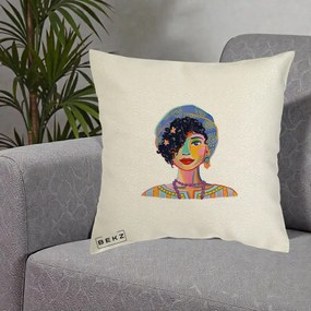 Perna Decorativa Portret Femeie Etnic Colorat, 40x40 cm, Ecru, Husa Detasabila, Perna Inclusa, BEKZ®
