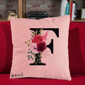 Cadou Personalizat - Perna Personalizata Monograma Florala Litera F, 40x40 cm, Roz, Husa Detasabila, Perna Inclusa, BEKZ®