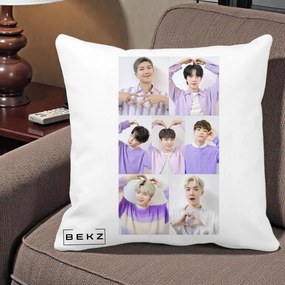 Perna Personalizata K-pop BTS Colaj 7 Portrete cu Inimi Lila, 40x40 cm, Alba Mata, Husa Detasabila, Perna Inclusa, BEKZ®
