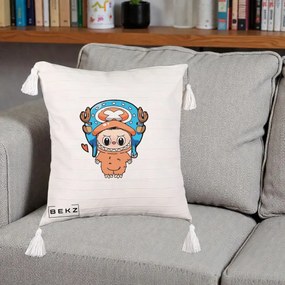 Perna Personalizata Labubu x Tony Tony Chopper, 40x40 cm, Bej cu Franjuri, Husa Detasabila, Perna Inclusa, BEKZ®