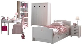 Set AMORI în alb este format dintr-un Pat copii (90 x 200 cm) și somieră asortată cu cadru fix, un sertar de Pat copii, o noptieră, un Dulap camera
