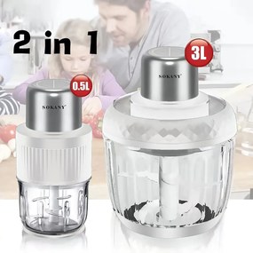 Tocator electric 2 in 1, Sokany SK-YM-7032, 4 lame din otel inoxidabil de inalta calitate, motor puternic 800 W, 3L, recipient din Sticla, Alb