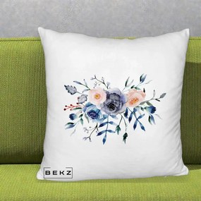Perna Decorativa Buchet Flori Albastre Acuarela, 40x40 cm, Alb Pufos, Husa Detasabila, Perna Inclusa, BEKZ®