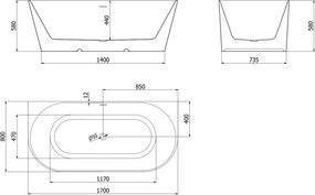 Mexen Oval Slim cadă de baie de sine stătătoare, montată pe perete 170 x 80 cm, albă, preaplin alb - 52661708000-20