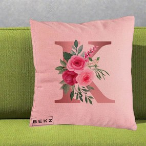 Cadou Personalizat - Perna Personalizata Monograma Rose Gold Litera K, 40x40 cm, Roz, Husa Detasabila, Perna Inclusa, BEKZ®
