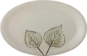 Platou de servire din ceramică artizanală natur cu finisaj antichizat și motive botanice cu frunze, 30×19×2 cm, "Aubrin