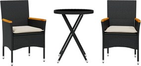 vidaXL Set bistro cu perne, 3 piese, negru, poliratan și sticlă