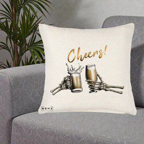 Perna Decorativa Halloween Cheers Schelete cu Bere, 40x40 cm, Crem Reliefat, Husa Detasabila, Perna Inclusa, BEKZ®
