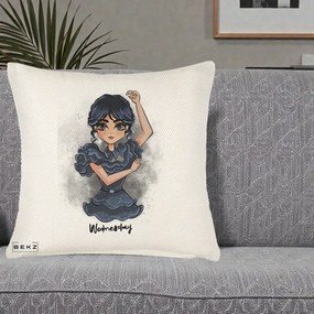 Perna Personalizata Wednesday Addams Dancing Queen, 40x40 cm, Crem Reliefat, Husa Detasabila, Perna Inclusa, BEKZ®