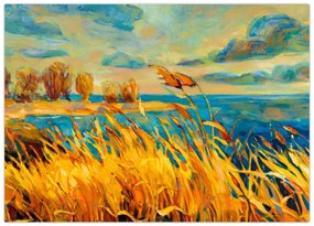 Tablou pe sticlă - Apus de soare peste lac, pictură acrilică (70x50 cm)