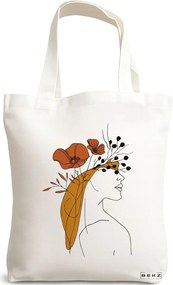 Sacosa de Panza pentru Cumparaturi, Geanta Tote, Flower Lady 20, 38x34.5 cm, Alba, BEKZ®