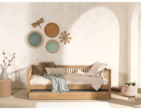 Pat pentru copii în culoare naturală cu extensie suplimentară din lemn de stejar cu spațiu de depozitare 90x200 cm Forrest – Vipack