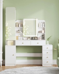 Masuta machiaj cu Oglinda LED si 6 Sertare pentru Cosmetice, Set Masa toaleta 140 cm, Alb, masuta cosmetica, vanity - SEA7