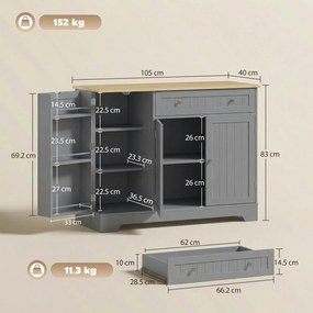 HOMCOM Bufet de bucătărie Dulap de bucătărie cu 3 rafturi pe ușă Sertar Rafturi reglabile pentru dining 105x40x83 cm Gri | Aosom Romania