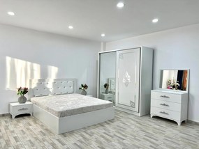 Dormitor Milano, culoare alb, cu pat tapitat 160 x 200 cm, dulap cu 2 usi, comoda cu oglinda, 2 noptiere