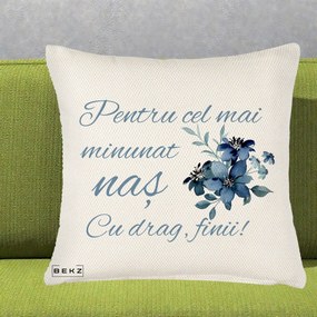 Cadou pentru Nas - Perna Personalizata Pentru Cel mai Minunat Nas Cu drag Finii, 40x40 cm, Crem Reliefat, Husa Detasabila, Perna Inclusa, BEKZ®