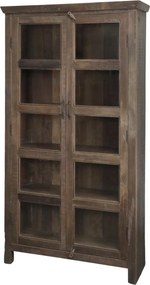 Vitrină rustică din lemn reciclat, natur, cu 2 uși vitrate, 5 rafturi și cornișă profilată, finisaj natural, 185 x 100 x 40 cm, „Grimaud”