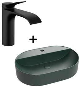 Set lavoar baie verde inchis pe blat cu ventil inclus plus baterie neagra Hansgrohe Vivenis