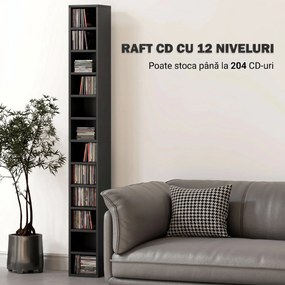 HOMCOM Dulap Suport Cd Da Perete Con 12 Polițe In Lemn 21x20x175cm Negru | Aosom Romania