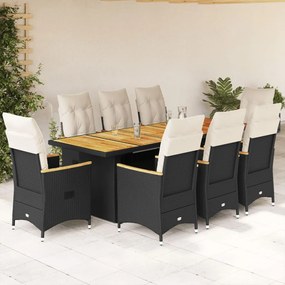 3277267 vidaXL Set bistro de grădină, 9 piese, cu perne, negru, poliratan