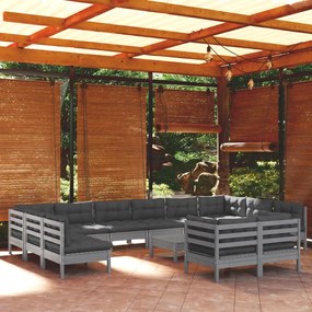 3097279 vidaXL Set mobilier de grădină cu perne, 13 piese, gri, lemn masiv pin