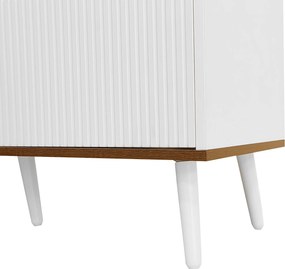 Comodă TV cu 3 uși, picioare din lemn și margine înaltă, 160x39x49,5 cm, Culoare naturală+Alb