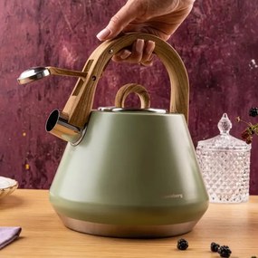 Ceainic cu fluier Klausberg KB 9062, 2,5 l, Otel inoxidabil, Maner care nu se incalzeste, Toate plitele inclusiv inductie, Verde