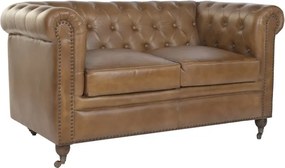 Canapea Chesterfield cu 2 locuri din piele, maro, spătar și brațe capitonate cu ținte, picioare cu rotile, finisaj patinat, 76 x 148 x 80 cm,