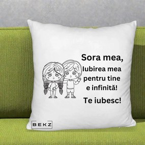 Cadou pentru Sora - Perna Personalizata Sora Mea Te Iubesc Copii Anime Line Art, 40x40 cm, Alb Pufos, Husa Detasabila, Perna Inclusa, BEKZ®